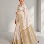Apricot Off White Linen Saree with Golden Woven Border