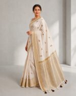 Apricot Off White Linen Saree with Golden Woven Border