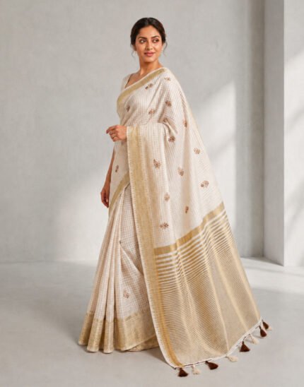 Apricot Off White Linen Saree with Golden Woven Border