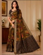 Avika Brown & Olive Green Dola Silk Blend Saree with Beautiful Zari Work