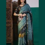 Bella Teal Blue Viscose Saree with Traditional Foil Print
