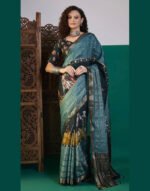 Bella Teal Blue Viscose Saree with Traditional Foil Print