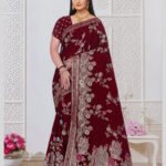 MTE Wine Silk Velvet Saree with Pure Hand Zari Work
