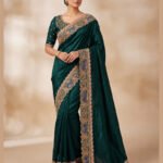 Padharo Bottle Green Satin Silk Blend Saree with Handmade Zari Work