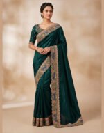 Padharo Bottle Green Satin Silk Blend Saree with Handmade Zari Work
