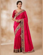 Padharo Rani Pink Satin Silk Blend Saree with Handmade Zari Work