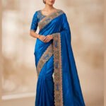 Padharo Teal Blue Satin Silk Blend Saree with Handmade Zari Work