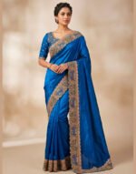 Padharo Teal Blue Satin Silk Blend Saree with Handmade Zari Work