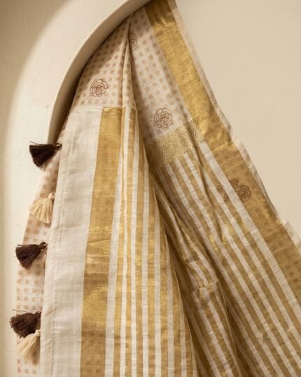 Apricot Off White Linen Saree with Golden Woven Border - fabric detail