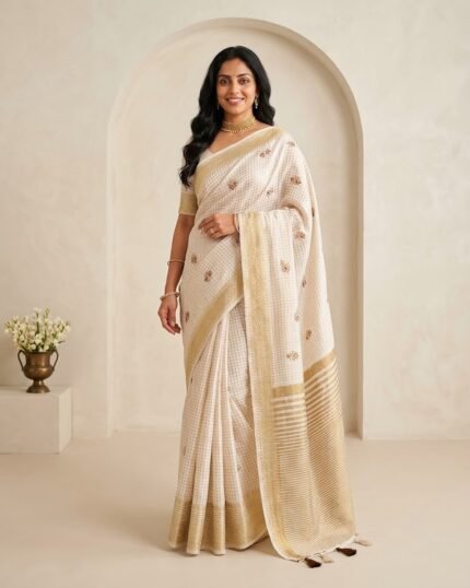 Apricot Off White Linen Saree with Golden Woven Border - full-length model