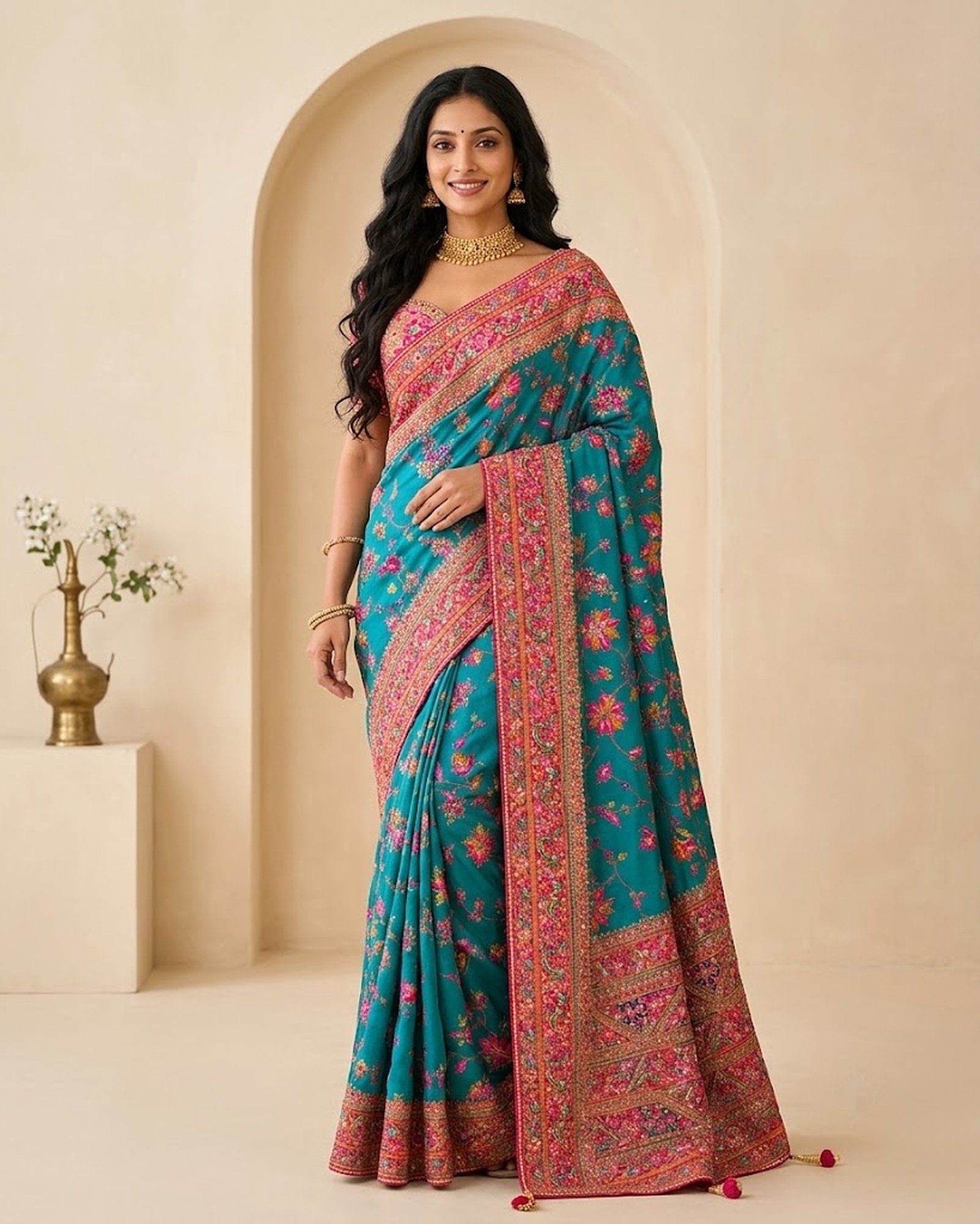 Arohi Blue Art Silk Saree with Heavy Resham & Zari Border - full-length model