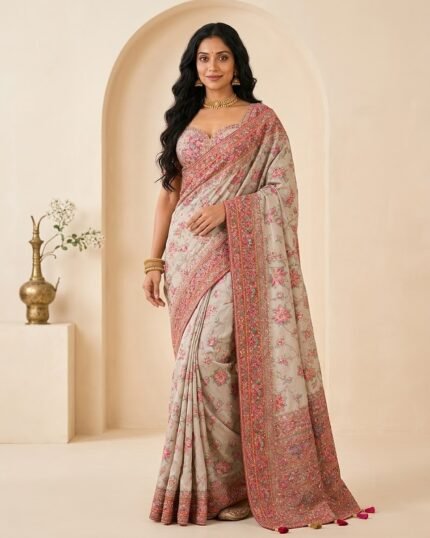 Arohi White Art Silk Saree with Heavy Resham & Zari Border - full-length model