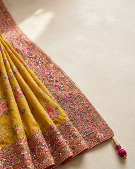Arohi Yellow Art Silk Saree with Heavy Resham & Zari Border - fabric detail