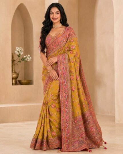 Arohi Yellow Art Silk Saree with Heavy Resham & Zari Border - full-length model