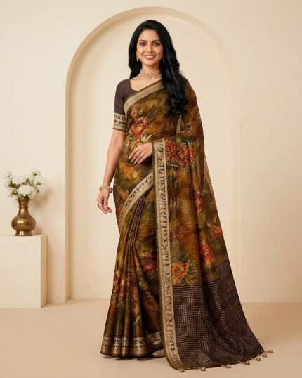 Avika Brown & Olive Green Dola Silk Blend Saree with Beautiful Zari Work - full-length model