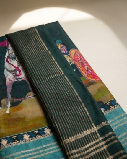 Bella Teal Blue Viscose Saree with Traditional Foil Print - fabric detail
