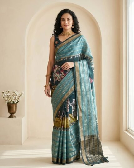 Bella Teal Blue Viscose Saree with Traditional Foil Print - full-length model