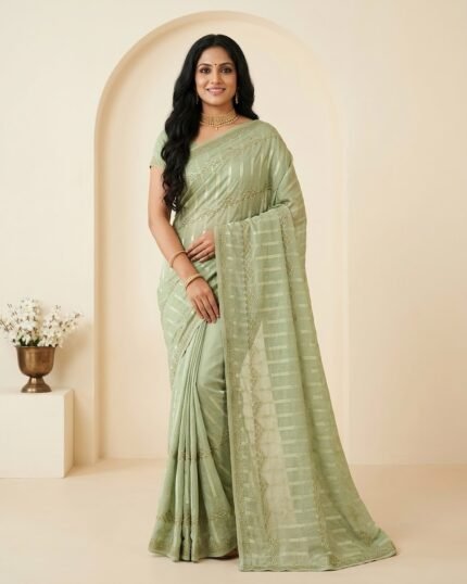 Dimple Kala Pista Green Fancy Saree with Embroidered Work - full-length model