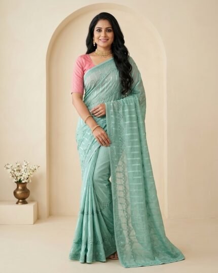 Dimple Kala Sea Green Fancy Saree with Embroidered Work - full-length model