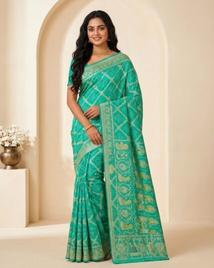 DWK Green Banarasi Silk Saree with Heavy Zari Work - full-length model
