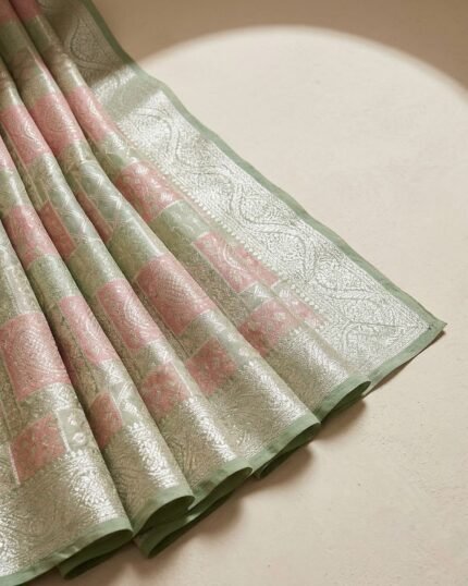 Green City Pink & Green Silk Saree with Elegant Zari Work - fabric detail