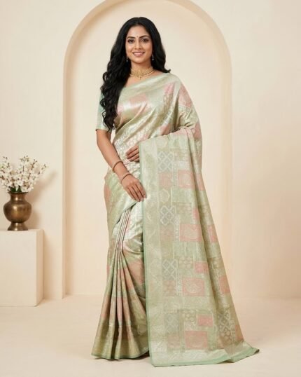 Green City Pink & Green Silk Saree with Elegant Zari Work - full-length model