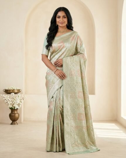Green City Pastel Green Silk Saree with Elegant Zari Work - full-length model