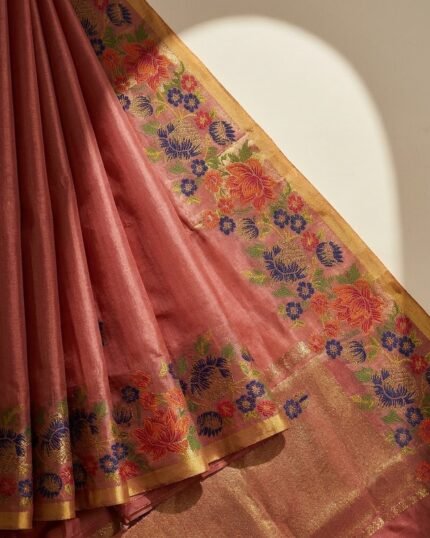 Golden Touch Orange Soft Silk Saree with Floral Print - fabric detail