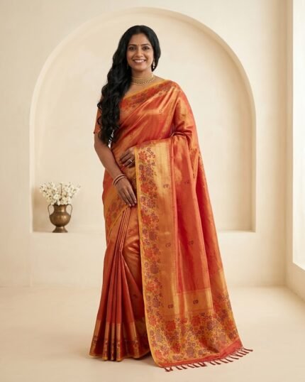 Golden Touch Orange Soft Silk Saree with Floral Print - full-length model