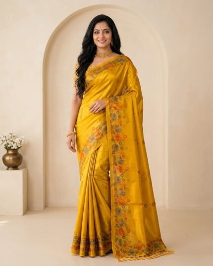 Golden Touch Yellow Soft Silk Saree with Floral Print - full-length model