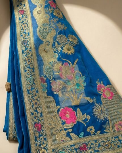 MTE Blue Silk Velvet Saree with Pure Hand Zari Work - fabric detail