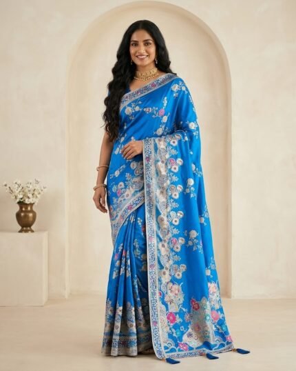 MTE Blue Silk Velvet Saree with Pure Hand Zari Work - full-length model
