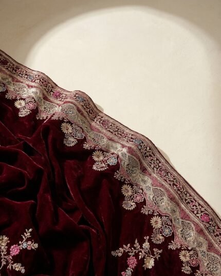 MTE Wine Silk Velvet Saree with Pure Hand Zari Work - fabric detail