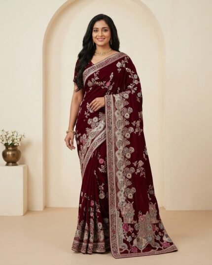 MTE Wine Silk Velvet Saree with Pure Hand Zari Work - full-length model