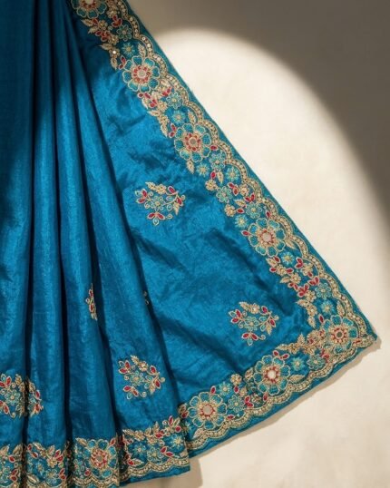 Narayani Blue Soft Silk Saree with Multicolor Zari Work - fabric detail