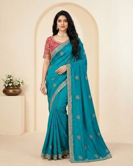 Narayani Blue Soft Silk Saree with Multicolor Zari Work - full-length model