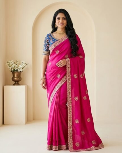 Narayani Deep Pink Soft Silk Saree with Multicolor Zari Work - full-length model