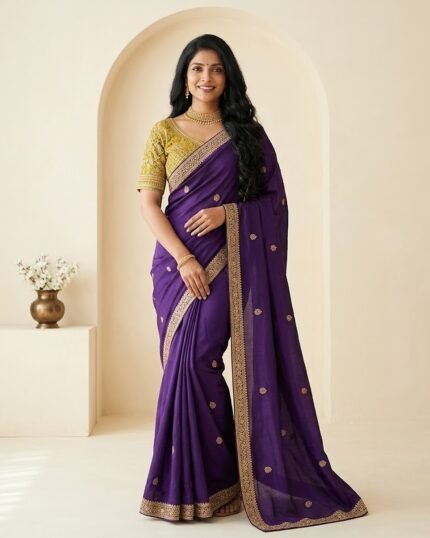 Narayani Purple Soft Silk Saree with Multicolour Zari Work - full-length model