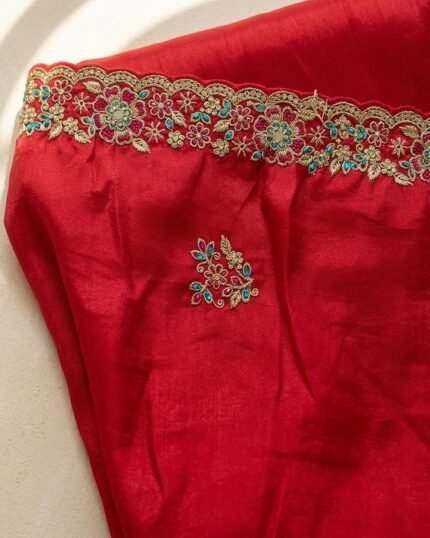 Narayani Red Soft Silk Saree with Multicolor Zari Work - fabric detail