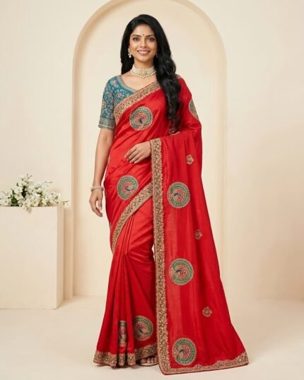 Narayani Red Soft Silk Saree with Multicolor Zari Work - full-length model