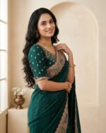 Padharo Bottle Green Satin Silk Blend Saree with Handmade Zari Work - close-up