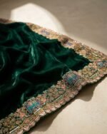 Padharo Bottle Green Satin Silk Blend Saree with Handmade Zari Work - fabric detail