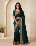 Padharo Bottle Green Satin Silk Blend Saree with Handmade Zari Work - full-length model