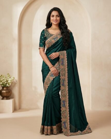 Padharo Bottle Green Satin Silk Blend Saree with Handmade Zari Work - full-length model