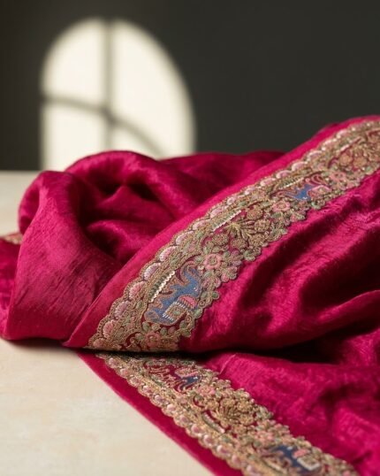 Padharo Rani Pink Satin Silk Blend Saree with Handmade Zari Work - fabric detail