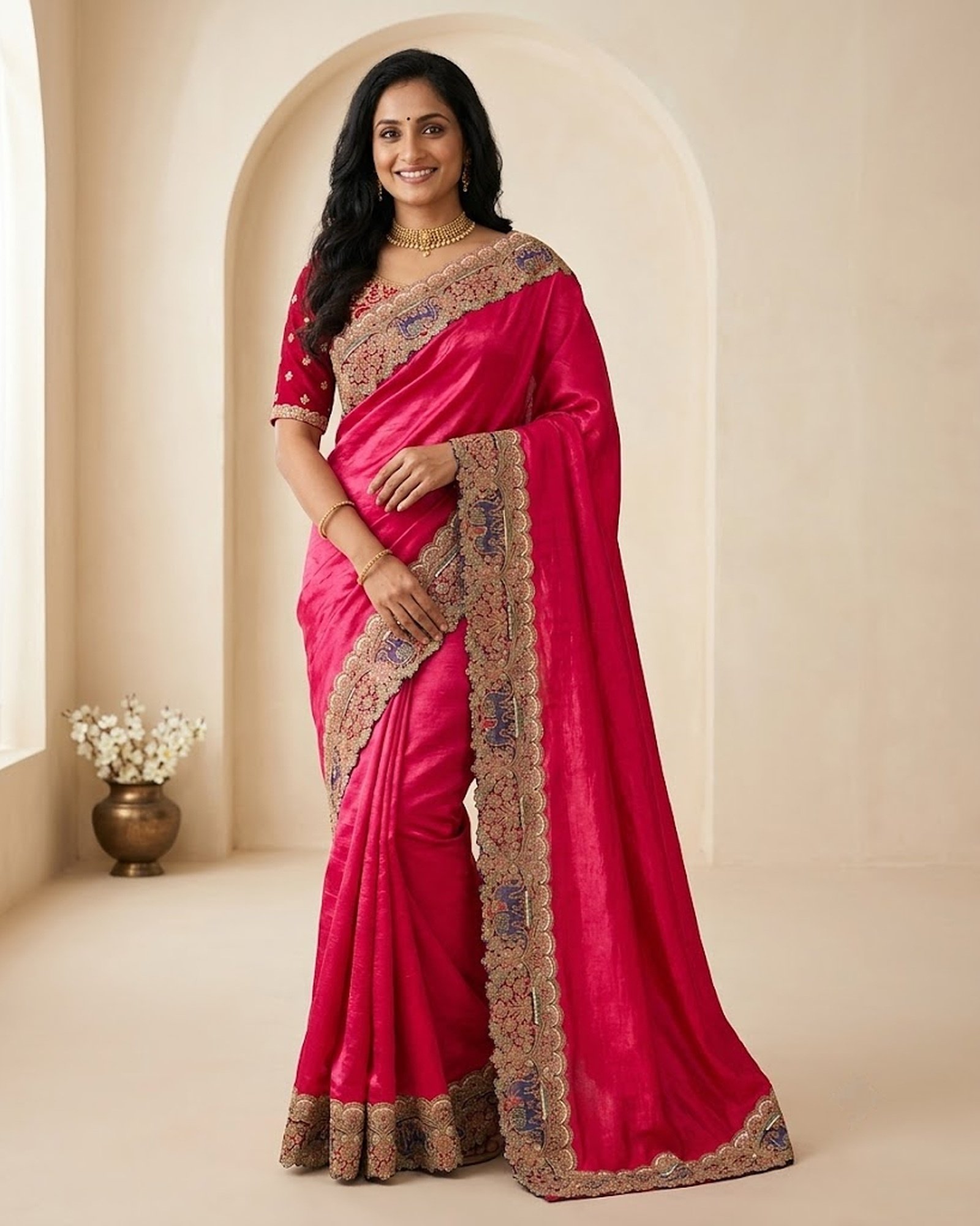 Padharo Rani Pink Satin Silk Blend Saree with Handmade Zari Work - full-length model Padharo Rani Pink Satin Silk Blend Saree with Handmade Zari Work - full-length model