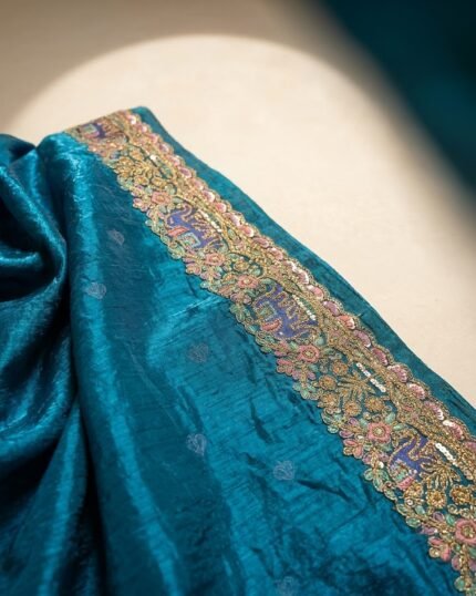 Padharo Teal Blue Satin Silk Blend Saree with Handmade Zari Work - fabric detail