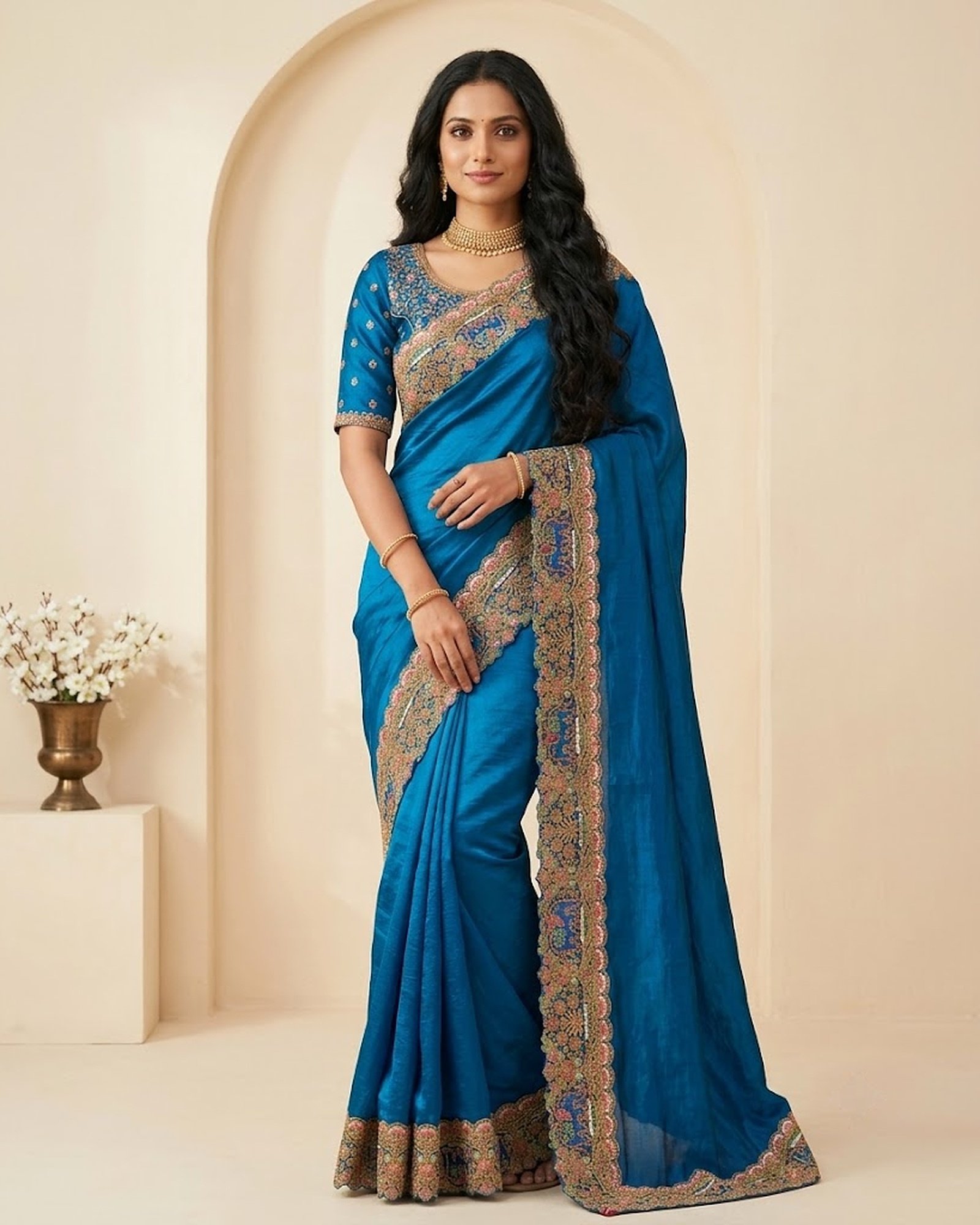 Padharo Teal Blue Satin Silk Blend Saree with Handmade Zari Work - full-length model