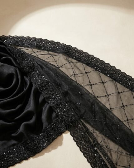 Parampara Black Lycra Saree with Heavy Self Color Work - fabric detail