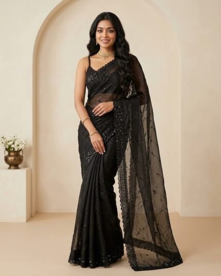 Parampara Black Lycra Saree with Heavy Self Color Work - full-length model